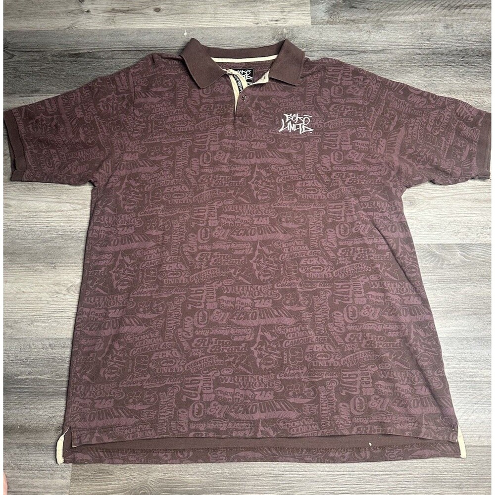 Vtg Ecko Unltd Polo Shirt Men 3XL Writing All Wrongs All Over Print Maroon Y2K